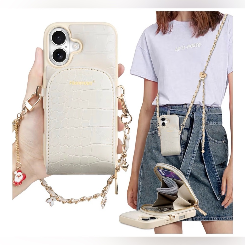 Hanman Cream Croc-Embossed Phone Case with Pouch